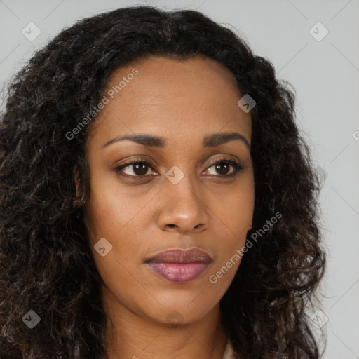 Joyful black young-adult female with long  brown hair and brown eyes