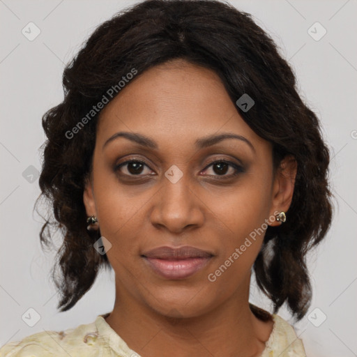 Joyful black young-adult female with medium  brown hair and brown eyes