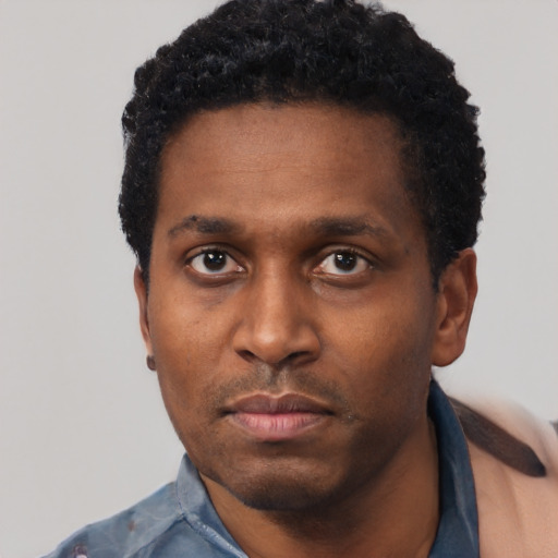 Neutral black adult male with short  black hair and brown eyes