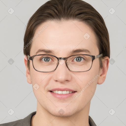 Joyful white young-adult female with short  brown hair and grey eyes