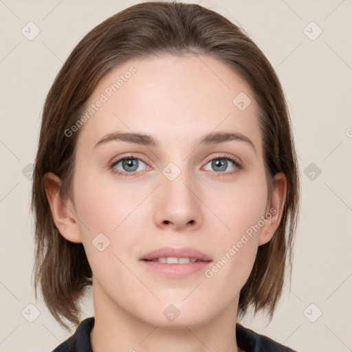 Neutral white young-adult female with medium  brown hair and grey eyes