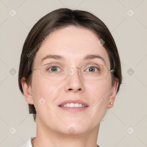 Joyful white adult female with short  brown hair and grey eyes