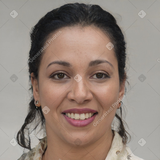 Joyful latino young-adult female with medium  brown hair and brown eyes