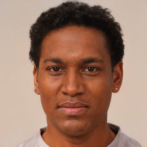 Neutral black adult male with short  black hair and brown eyes