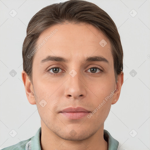 Neutral white young-adult male with short  brown hair and brown eyes