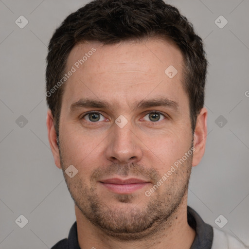 Neutral white young-adult male with short  brown hair and grey eyes