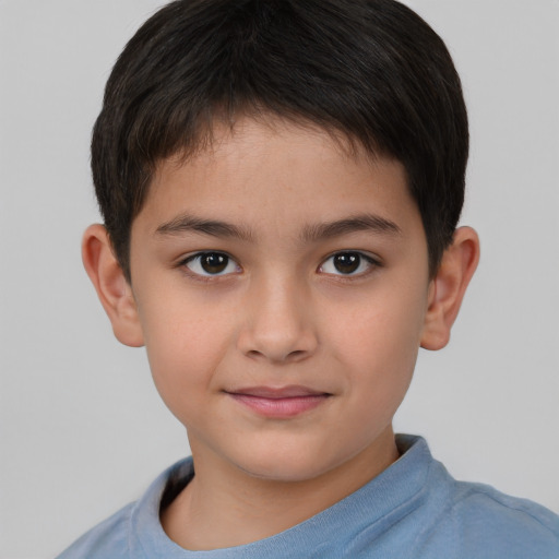 Joyful asian child male with short  brown hair and brown eyes