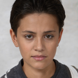 Neutral white young-adult female with short  brown hair and brown eyes