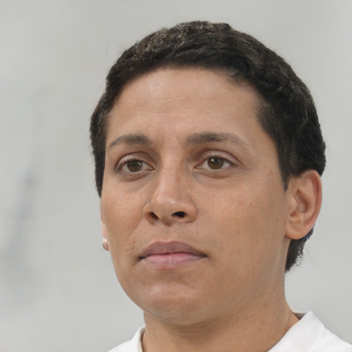 Neutral white adult female with short  black hair and brown eyes