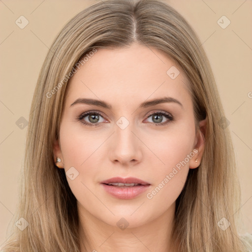 Neutral white young-adult female with long  brown hair and brown eyes