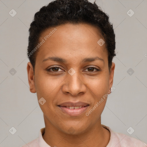 Joyful black young-adult female with short  brown hair and brown eyes