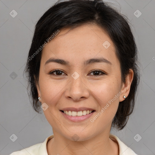 Joyful white young-adult female with medium  brown hair and brown eyes