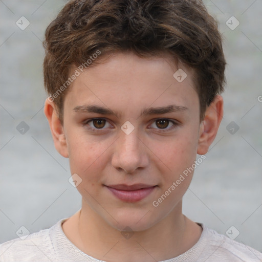 Joyful white child male with short  brown hair and brown eyes