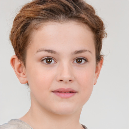 Joyful white child female with short  brown hair and brown eyes