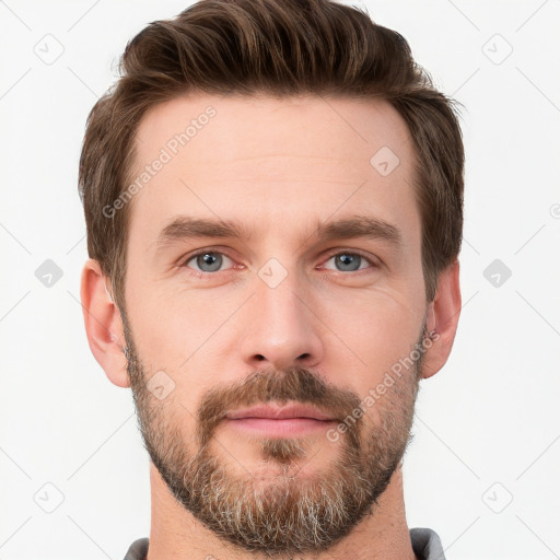 Neutral white young-adult male with short  brown hair and grey eyes