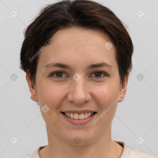 Joyful white young-adult female with short  brown hair and brown eyes