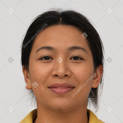 Joyful asian young-adult female with medium  brown hair and brown eyes