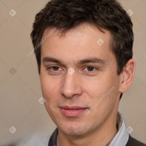 Joyful white young-adult male with short  brown hair and brown eyes