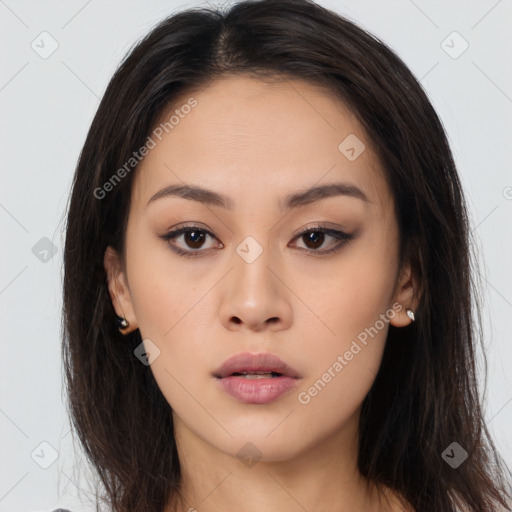 Neutral asian young-adult female with long  brown hair and brown eyes