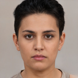 Neutral white young-adult female with short  brown hair and brown eyes