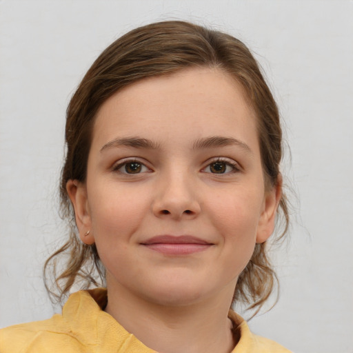 Joyful white child female with medium  brown hair and brown eyes