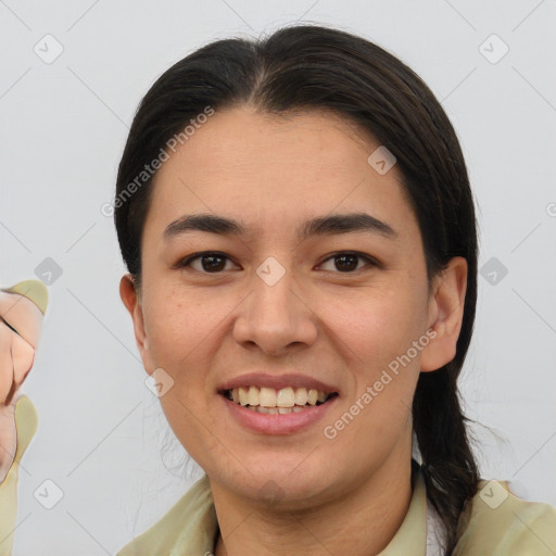 Joyful white young-adult female with medium  brown hair and brown eyes