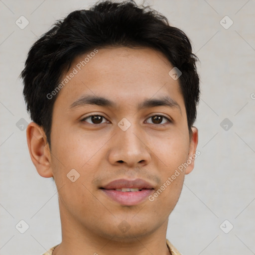 Joyful asian young-adult male with short  brown hair and brown eyes