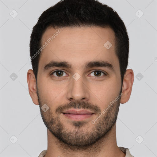 Neutral white young-adult male with short  brown hair and brown eyes