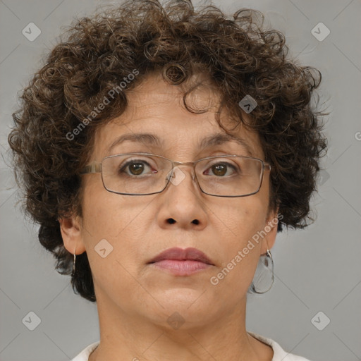 Neutral white adult female with short  brown hair and brown eyes