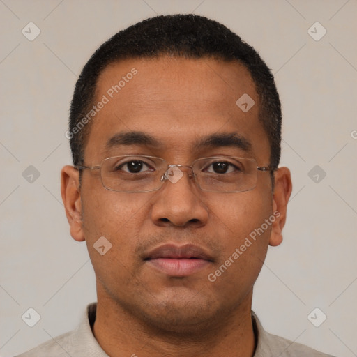 Neutral black young-adult male with short  brown hair and brown eyes