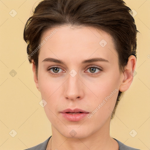 Neutral white young-adult female with short  brown hair and brown eyes