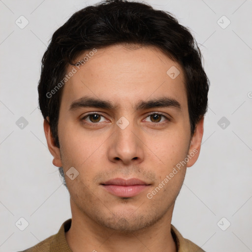 Neutral white young-adult male with short  brown hair and brown eyes