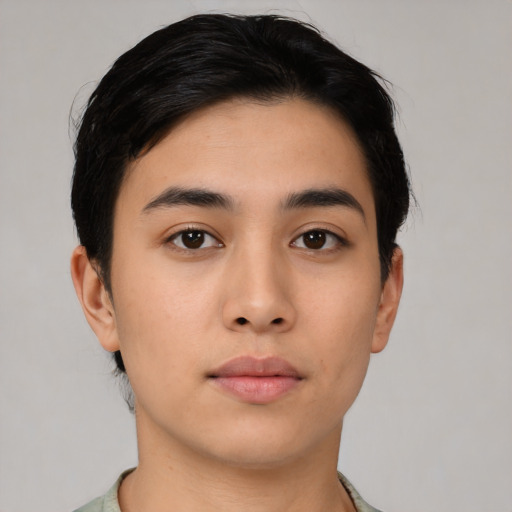 Neutral asian young-adult male with short  brown hair and brown eyes