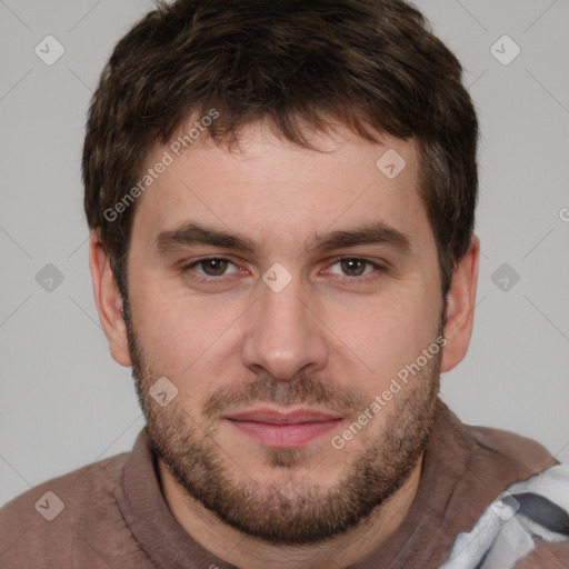 Neutral white young-adult male with short  brown hair and brown eyes