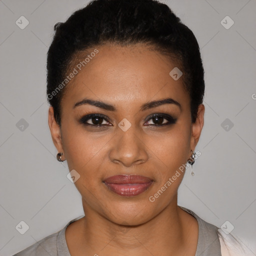 Joyful latino young-adult female with short  black hair and brown eyes