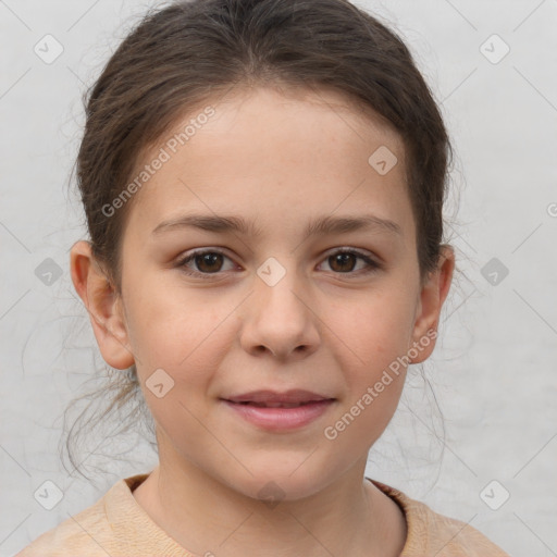 Joyful white child female with medium  brown hair and brown eyes