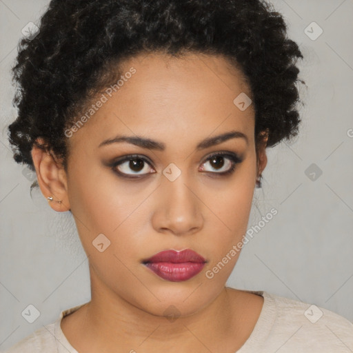 Neutral latino young-adult female with short  black hair and brown eyes