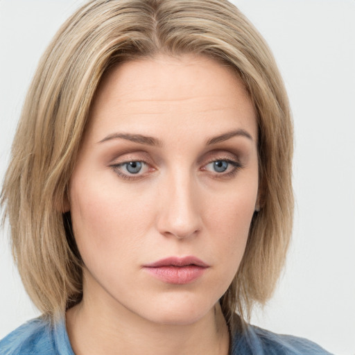 Neutral white young-adult female with medium  brown hair and blue eyes