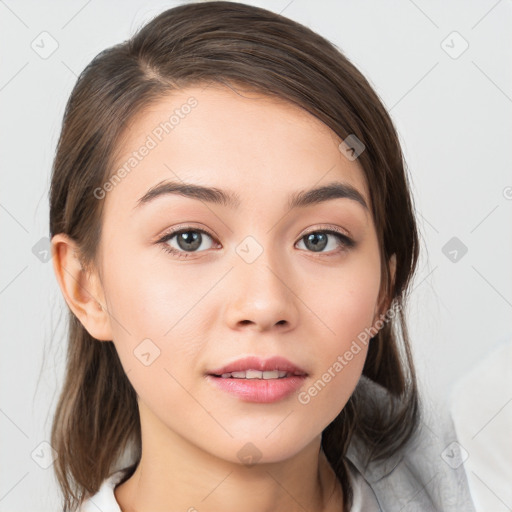 Neutral white young-adult female with medium  brown hair and brown eyes