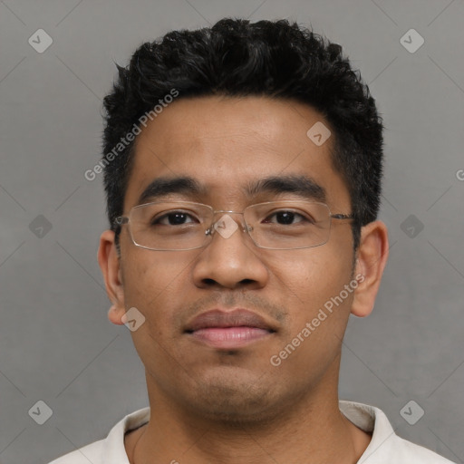 Neutral asian young-adult male with short  black hair and brown eyes