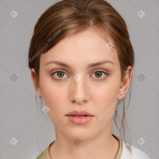 Neutral white young-adult female with medium  brown hair and brown eyes