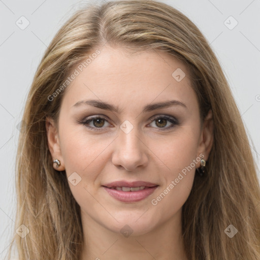 Joyful white young-adult female with long  brown hair and grey eyes