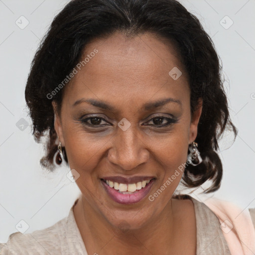 Joyful latino adult female with medium  brown hair and brown eyes