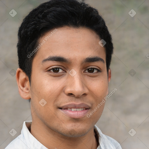 Joyful latino young-adult male with short  brown hair and brown eyes