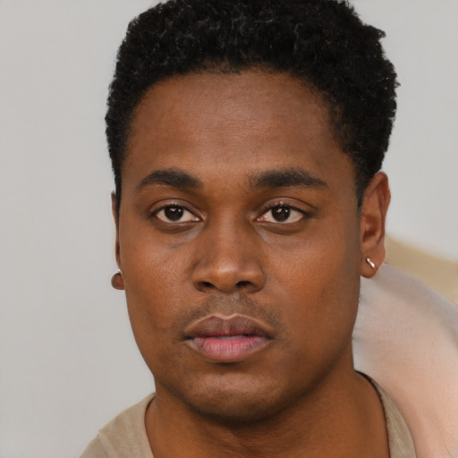Neutral black young-adult male with short  black hair and brown eyes