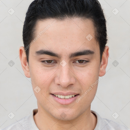 Joyful latino young-adult male with short  brown hair and brown eyes