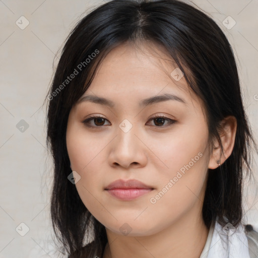 Neutral asian young-adult female with medium  brown hair and brown eyes