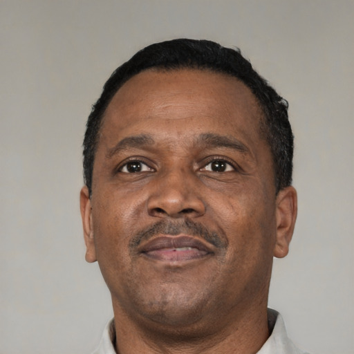 Neutral black adult male with short  black hair and brown eyes