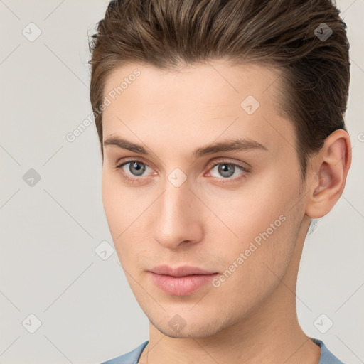 Neutral white young-adult male with short  brown hair and brown eyes