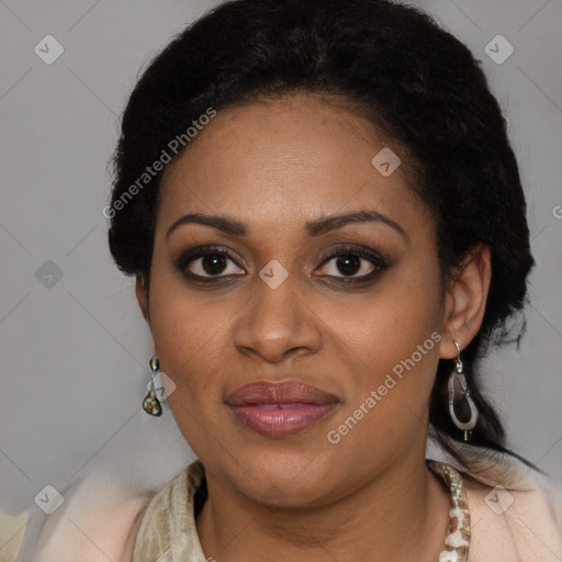Joyful latino young-adult female with medium  black hair and brown eyes